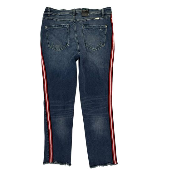 NEW INC Tuxedo Stripe Skinny Fit Leg Jeans Women Size 12 Blue Red Stretch - Picture 1 of 14